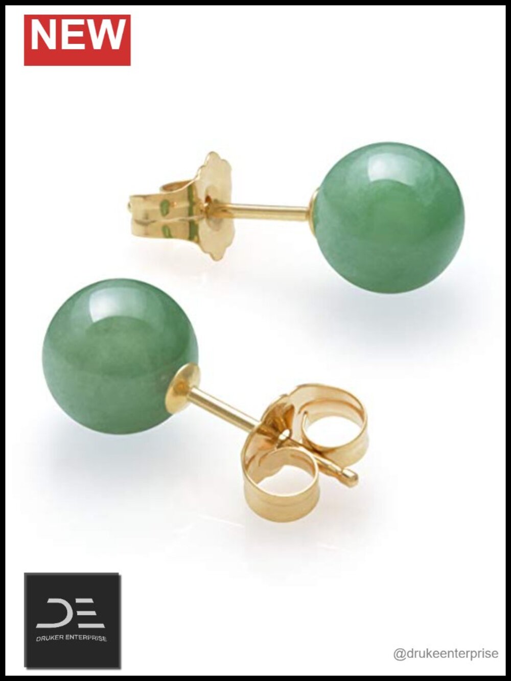 Real Jade Stud Earrings Solid 14k Yellow Gold 6mm Round